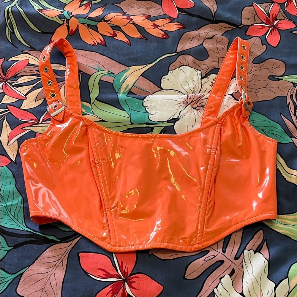 Bright orange pleather shiny tank crop new